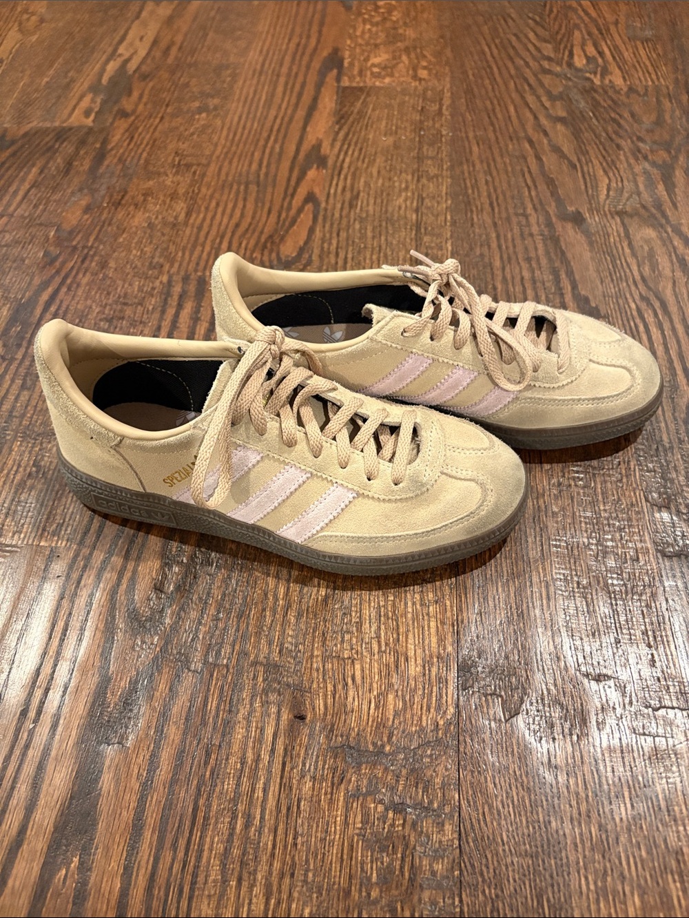 adidas Beige Suede Sneakers with Pale Pink Stripes